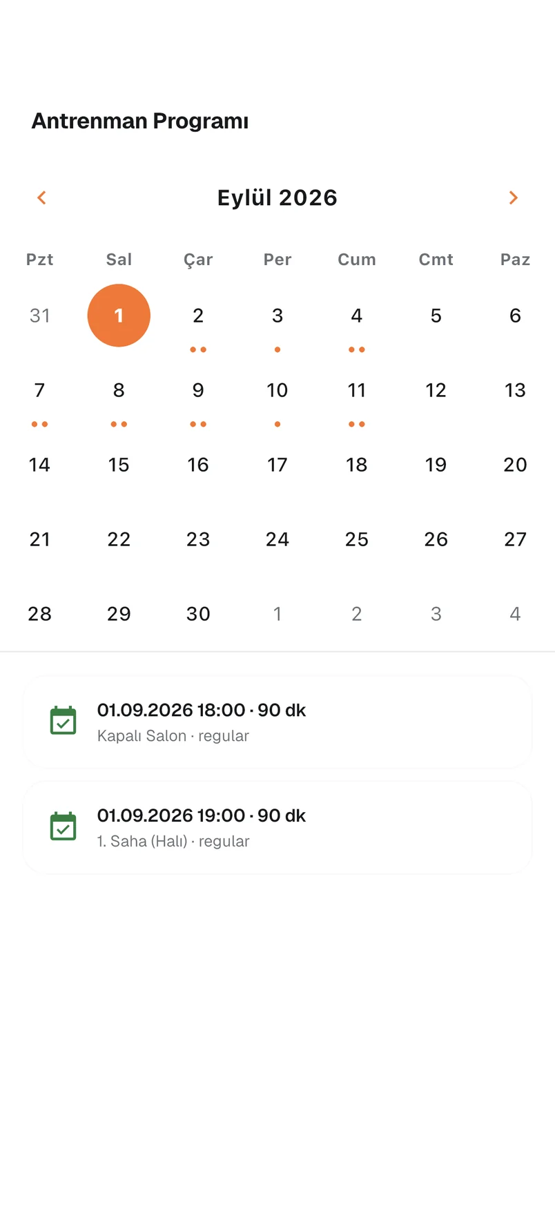 Veli antrenman takvimi ekranı